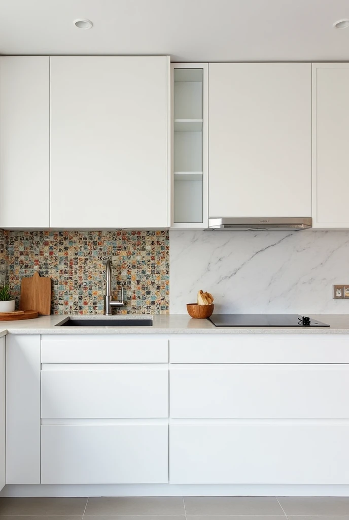 **prompt: Comparison of Minimalist Kitchens with Different Backsplash Options**
**Description:**
Compare two minimalist kitchen designs, focusing on the dashboard area (backsplash). The first kitchen will use mosaics or low-format ceramic tiles, while the second will use natural stone such as marble, quartz or granite. Consider the following aspects:
1. **Visual Aesthetics:**
- **Kitchen 1:** Describe how mosaics or tiles add color and texture, but also how they can appear messy or difficult to maintain.
- **Kitchen 2:** Explore how natural stone offers an elegant, uniform appearance that complements minimalist design.
2. **maintenance:**
- **Kitchen 1:** Comment on how easily tiles can get dirty and require frequent cleaning., highlighting the joints that can accumulate grease and dirt.
- **Kitchen 2:** Explains how natural stone surface is more stain resistant and easy to clean, which reduces long-term maintenance effort.
3. **durability:**
- **Kitchen 1:** Mention the durability limitations of ceramic tiles, that can crack or break over time.
- **Kitchen 2:** Emphasizes the strength and longevity of materials such as marble, quartz or granite, which are ideal for a kitchen environment.
4. **Cost:**
- **Kitchen 1:** Consider the lower initial cost of tiles, but also discusses potential additional costs in maintenance and replacement.
- **Kitchen 2:** Weigh the higher initial investment in natural stone against its durability and lower need for long-term repairs.
5. **conclusion:**
- Provides a general assessment of which option is most suitable for a minimalist kitchen in terms of aesthetics, functionality and sustainability.