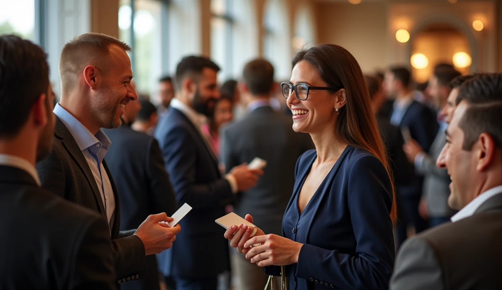 An image of professionals engaging in a lively networking event, exchanging business cards, or having a productive discussion.,photorealista, 8K, (melhor qualidade,4K,8K,alta resolução,