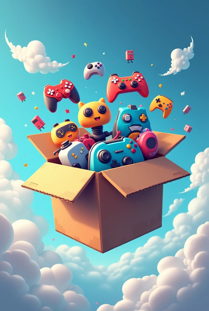 logo with games inside a cardboard box in the clouds