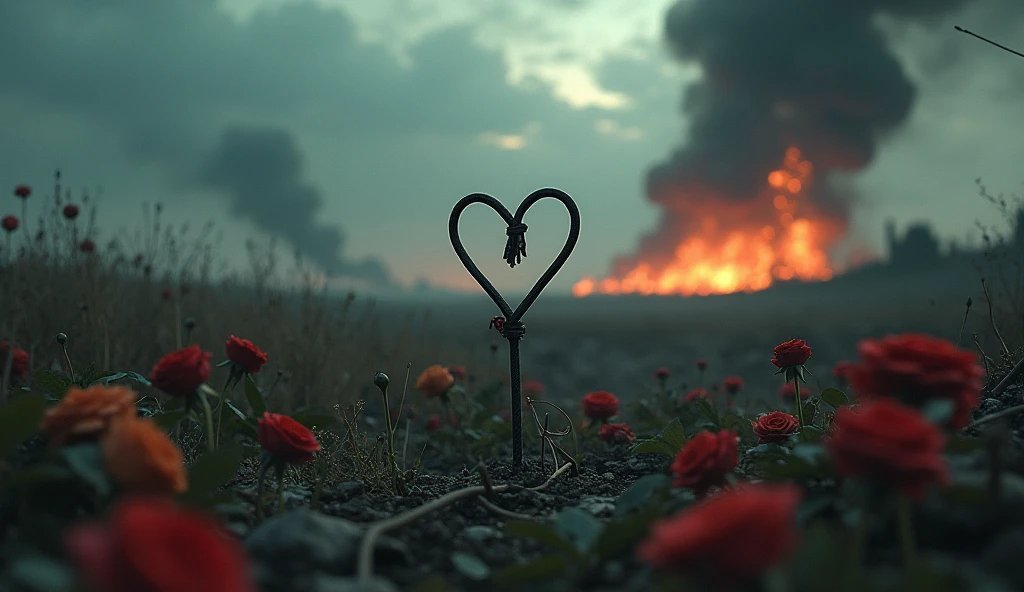2024; (masterpiece, best quality) destroyed farms roses on the floor; flowers on the ground; cord with a love heart Down(close-up); bombs falling from the sky.; fire around.