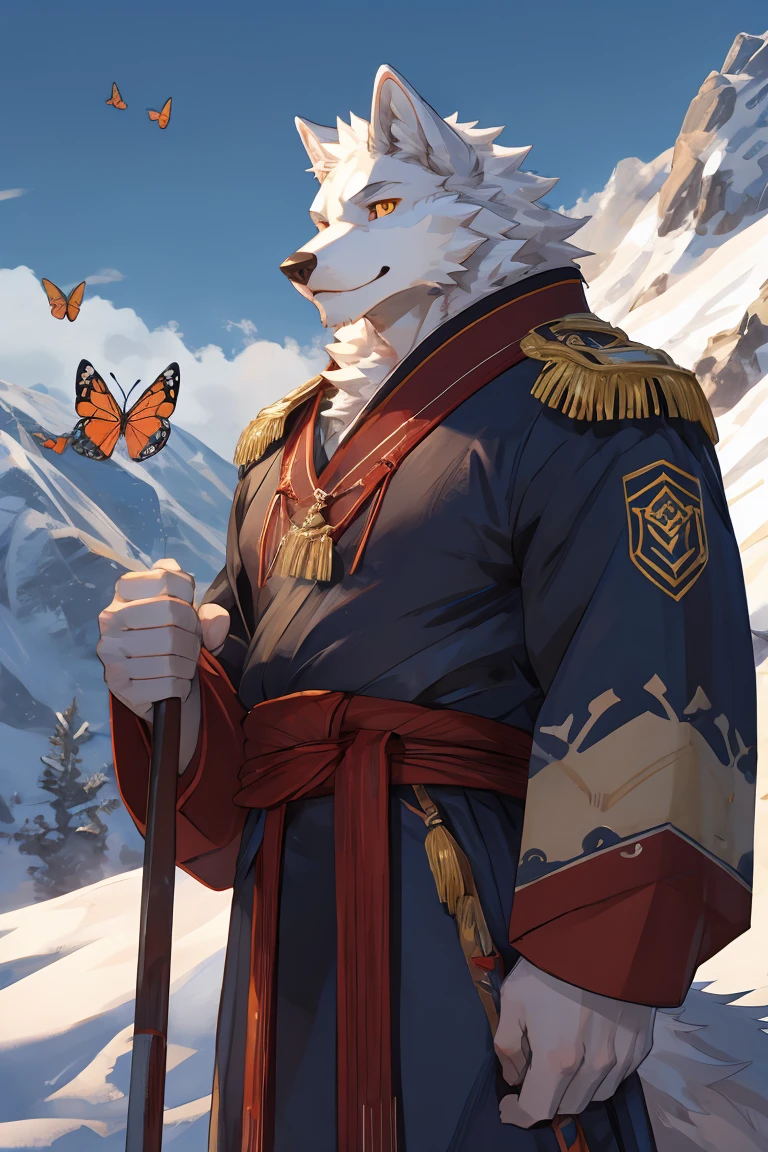 best quality,Ultra HD,Upper Body,The most exquisite eyes,Exquisite facial features,Close perspective,male,Pure white wolf,soldier,Smiling, standing on the mountain, playing with butterflies with my left hand,Golden Eyes,The body is tall and strong,Upper Body穿着古风白蓝色汉服,Hanfu is long and heavy