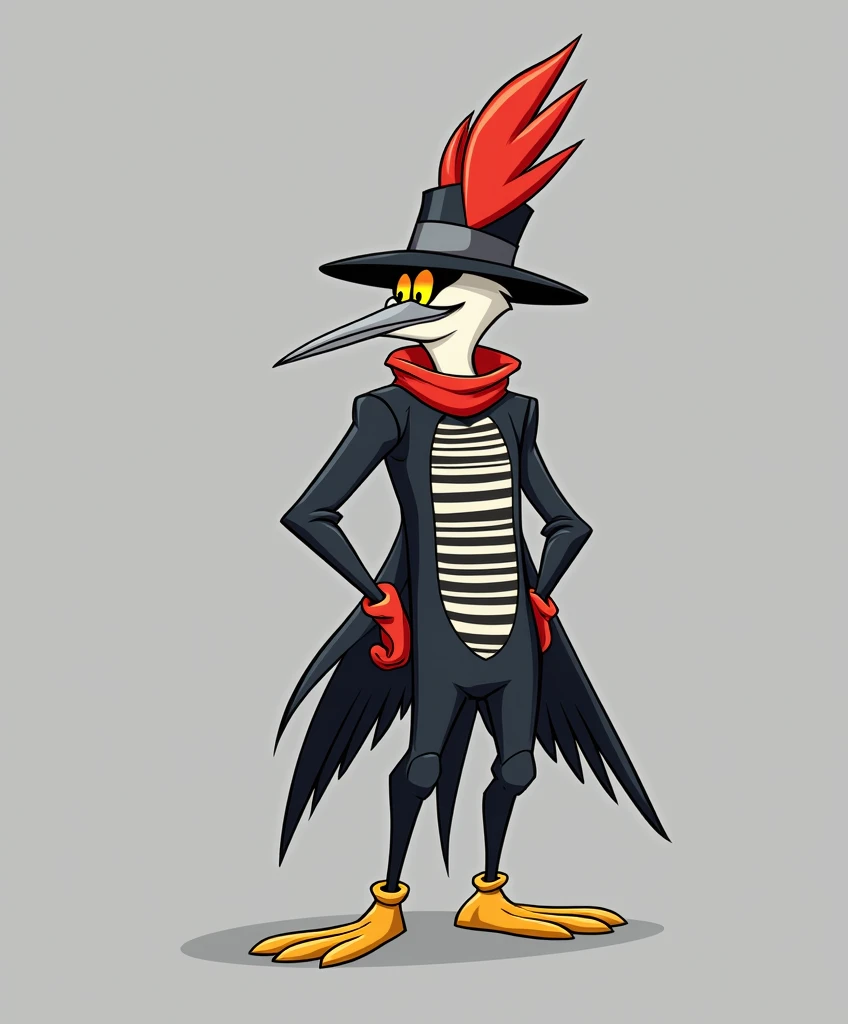 full body character art, a humanoid woodpecker in the Looney Tunes art style, the feathers on its head are red, the feathers on its body are black, on its chest the feathers have a horizontal striped pattern in black and white, its nose is gray, its eyes are yellow , my feet are yellow, totally cartoon style, he wears a black fedora with a small red feather, black fur, yellow eyes, front pose, white background