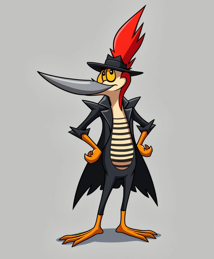 full body character art, a humanoid woodpecker in the Looney Tunes art style, the feathers on its head are red, the feathers on its body are black, on its chest the feathers have a horizontal striped pattern in black and white, its nose is gray, its eyes are yellow , my feet are yellow, totally cartoon style, he wears a black fedora with a small red feather, black fur, yellow eyes, front pose, white background