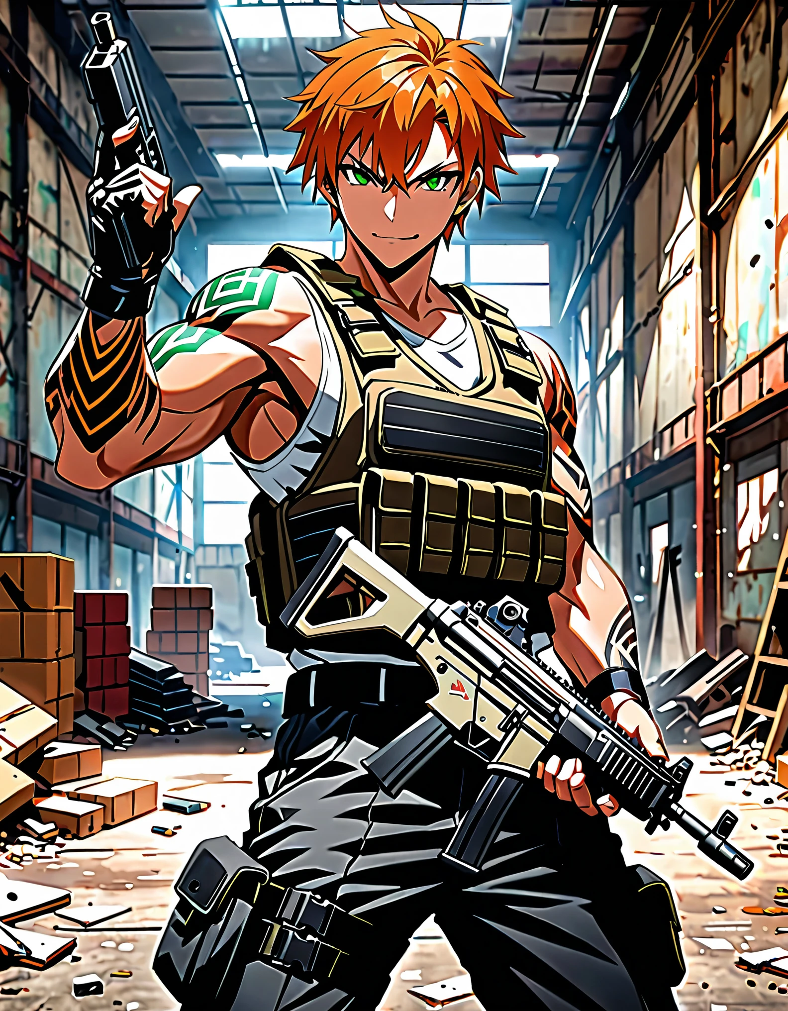 best quality, super detail, masterpiece, photography, scene: spacious abandoned warehouse, theme: mercenary, character: male gunslinger, appearance: muscular build, orange hair, bowl hair, short hair, green eyes, action: fighting stance, facial expression : smirk, holding a Heckler & Koch MP5, assault vest, mafia sports tattoos, cybernetic enhancements in arms, perspective: 4K.