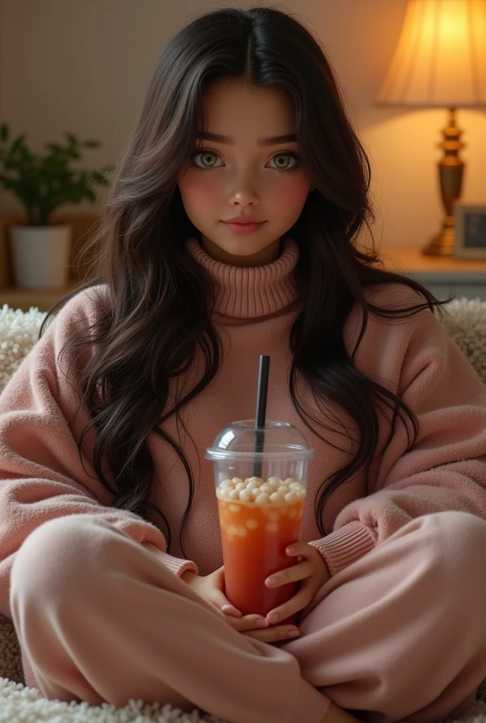 A beautiful light brown skin ai girl in her early 20's with green eyes with brownish black long hair, she's a bit thick and busty with a casual face sitting on her fluffy couch in her fluffy blackish pink turtle neck In her pants in a relaxed pose facing her audience and talking to them with boba tea on her side
