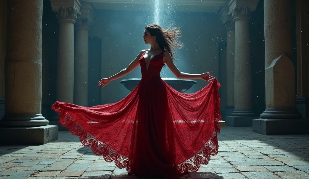In the courtyard of an ancient castle, a seductive female vampire dances passionately, dressed in a luxurious lace gown. The gown is deep red, accentuating her beautiful skin, with a design that reveals much of her body. The background features ancient stone statues and a fountain, with stars shining in the night sky, highlighting her beauty against the darkness. As she moves, an ethereal glow swirls around her, embodying the dark power of the night. Aim for realistic depiction, make sure photos are at highest resolution (8K)