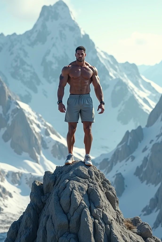 A bodybuilder balancing on the top of the mountain in sneakers 
