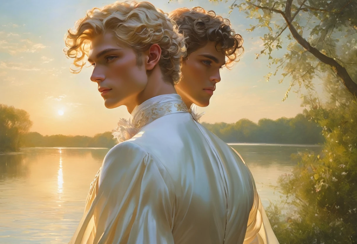 candid an full body photo of prince charming, 2 male supermodel, attractive and exotic, short curly blonde hair, a masculine appearance with slender smooth body, delicate and symmetrical face, natural olive skin tone, pose standing on lake, back shot, inspired by Irises by Vincent Van Gogh 18, he is wrapped in classical drapery sheer pastel color fabric, with flowing dramatically in the strong wind, some fabric to billow as if caught, The composition include mythological elements, such as a backdrop of a serene with a golden sunrise and nymphs to frame the scene. Illuminate the scene with soft diffused lighting to create a dreamlike, celestial atmosphere, capturing the delicate interplay of light and shadow on his face and body. ((full body shot)), wide-angle lens on a high-resolution DSLR camera to capture the grandeur and intricate details of the setting, while shooting from a dynamic angle to emphasize the model's majestic presence. The overall mood should blend the classical elegance of Botticelli's work with a modern, high-fashion aesthetic, producing an image that feels both timeless and contemporary, adding the Two Cherubs in the sense to balance and harmony the photo, evoke the soft ethereal quality of the Renaissance style, POV, raw photo, ((masterpiece)), ((best quality)), High Resolution, (ultra_realistic), (photorealistic), (NSFW), ((Pay attention to the layer and arrangement of body and surrounding)), ((Pay attention to the body composition)), ((Correct body structure)), ((Correct distance)), romantic atmosphere, lively extremely Gorgeous background,