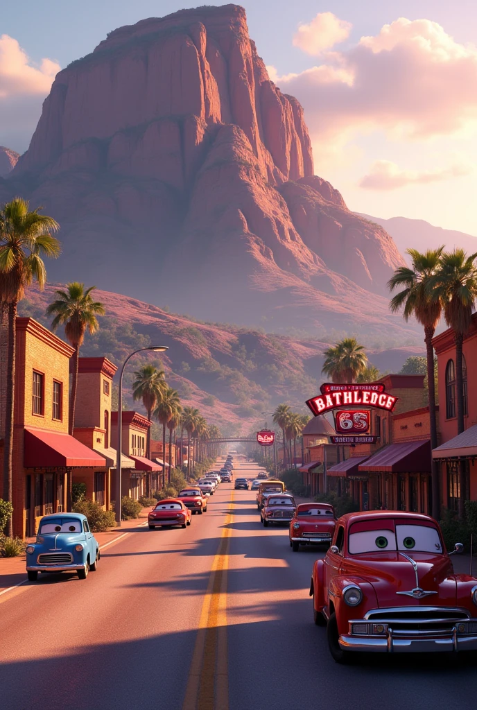 create the main scenario of radiator springs, with the highway the mountain in late afternoon tones