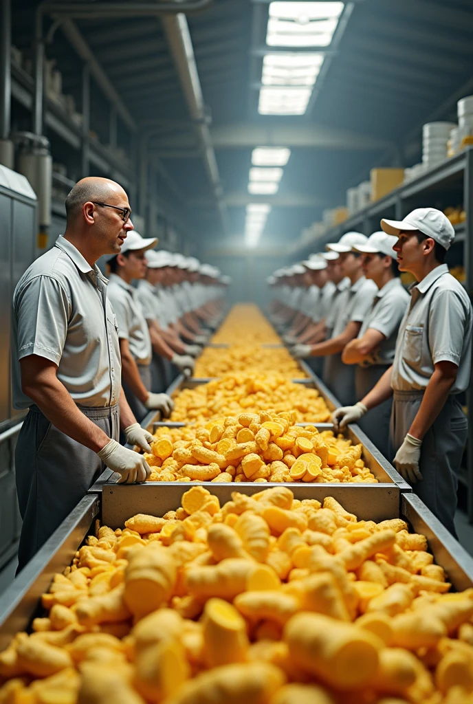 A ginger processing centre with  cleaning slicing peeling drying machine doing high quantity of ginger processing with 10 labours(please show the 
fresh  ginger with slice) .Please show ceo of processing centre giving advice to 20 staff in picture