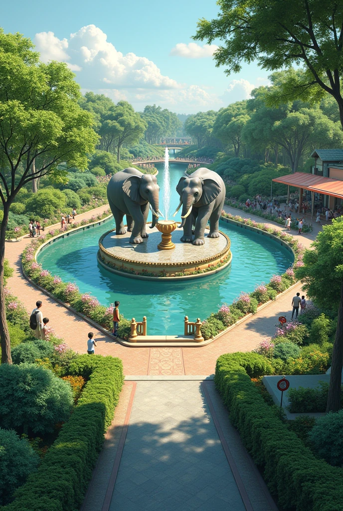 The design of the park includes a walkway around the river with frangipani flowers, beautiful photo spots, viewing platforms with tables and chairs, and free musical instruments in front of the two elephants standing in the middle of the fountain. The surrounding area is green and bright, and the path connects to the night market opposite the park.