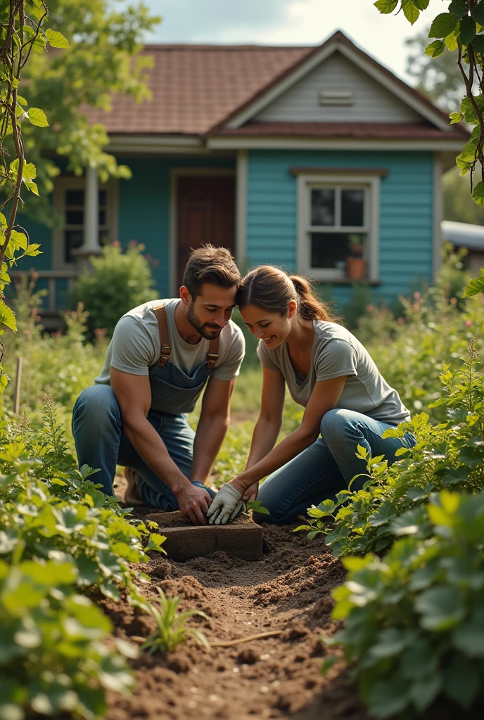 A young man and woman couple rebuilding and caring for an ugly garden.