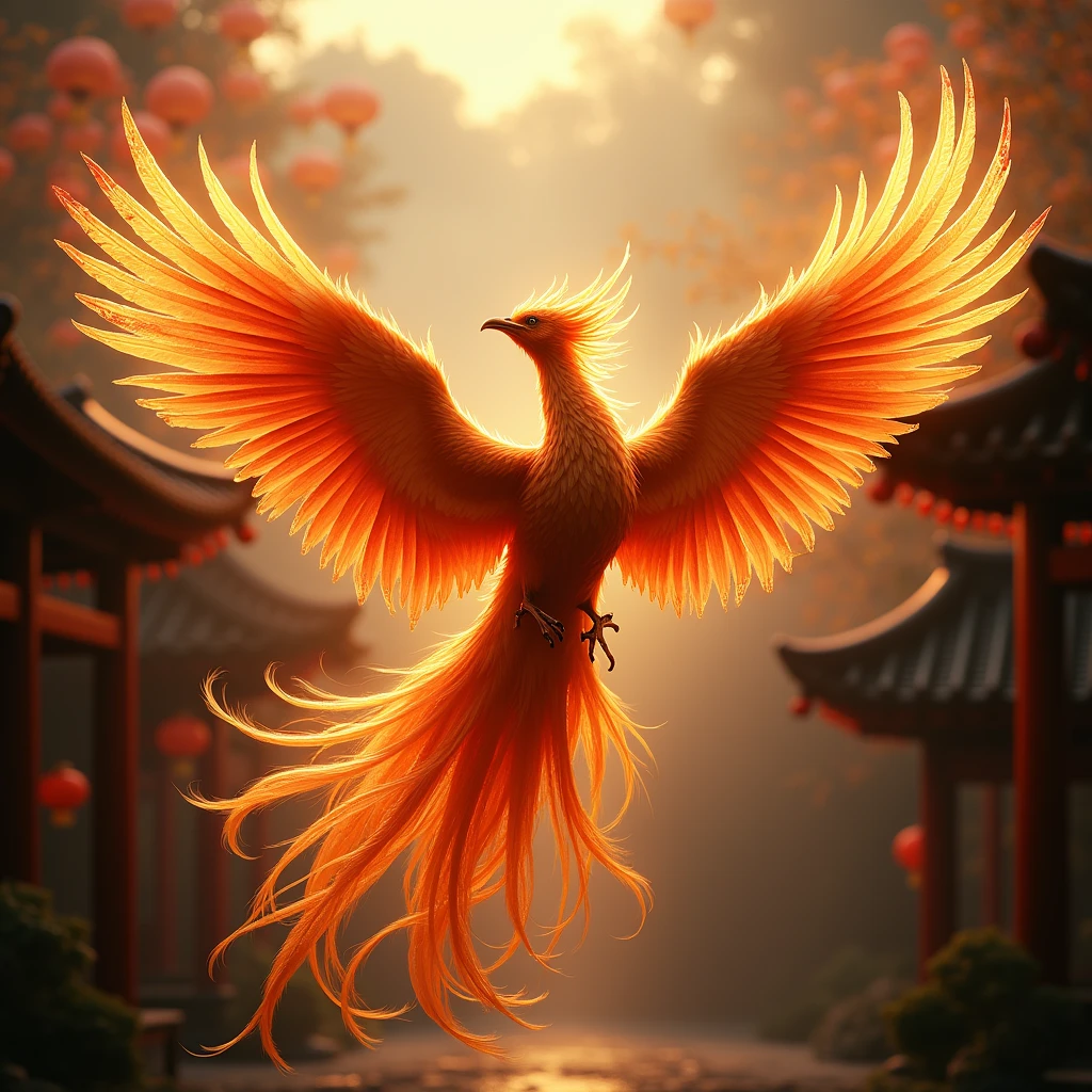 Capture the moment when the phoenix spreads its wings and flies high, using dynamic photography techniques to showcase the elegance and of the phoenix. The background can be Chinese classical architecture or natural landscapes, reflecting the harmony between Phoenix and Chinese culture. Beautiful cinematic lighting, surreal, color graded, dynamic movement, captivating chiaroscuro, full body, award-winning, cinematic still, emotional, vignette, dynamic, vivid, (masterpiece, best quality, photorealistic, Professional, perfect composition, very aesthetic, absurdres, ultra-detailed, intricate details:1.3)