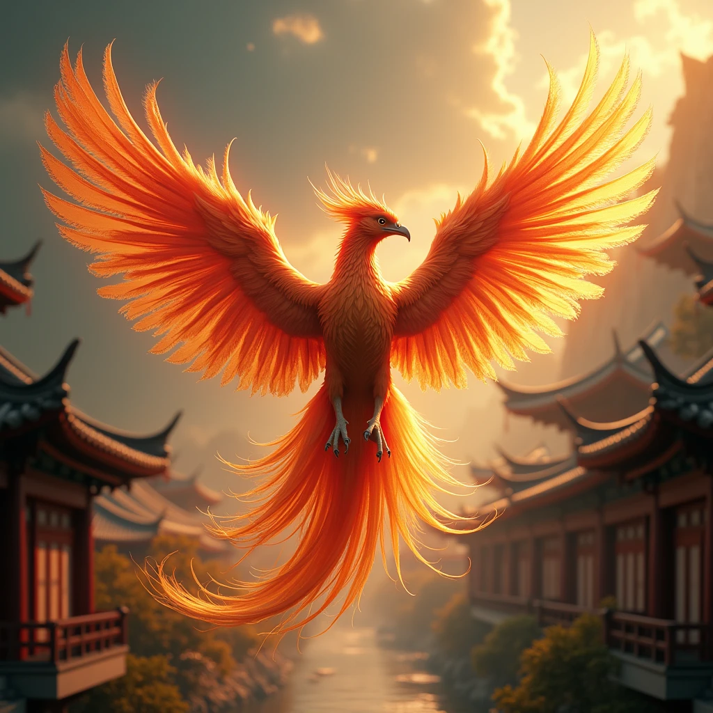 Capture the moment when the phoenix spreads its wings and flies high, using dynamic photography techniques to showcase the elegance and  of the phoenix. The background can be Chinese classical architecture or natural landscapes, reflecting the harmony between Phoenix and Chinese culture. Beautiful cinematic lighting, surreal, color graded, dynamic movement, captivating chiaroscuro, full body, award-winning, cinematic still, emotional, vignette, dynamic, vivid, (masterpiece, best quality, photorealistic, Professional, perfect composition, very aesthetic, absurdres, ultra-detailed, intricate details:1.3)