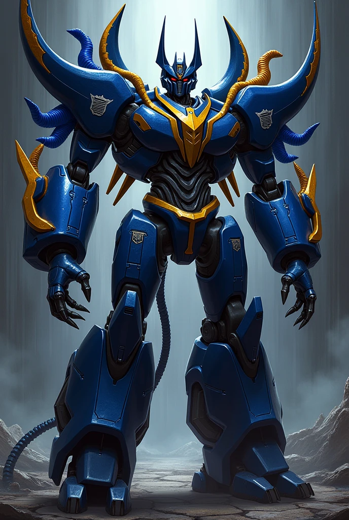 I want an illustration of the transformers decepticon Dark Nova the emperor of the decepticons with six dark blue arms with small yellow blades on them in his robot mode with an Egyptian megatron head and a mechanical tail backwards legs like a varitech robot the decepticon symbol in giant violet on the armor of his head and a vertical mouth with pointed teeth on his stomach all in blue golden yellow tentacles coming out of his ribs