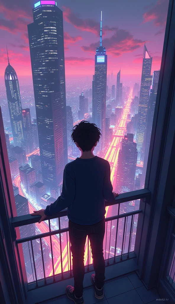 anime cyberpunk theme teenage boy looking at the city from a balcony of a skyscrapers  overlooking a city(wide angle view)(glowing effect), makoto shinkai cyril rolando, makoto shinkai. —h 2160, style of guy aerial view,, ( ( makoto shinkai ) ), makoto shinkai. digital render, makoto shinkai!, beautiful anime sceneHawaii, gta vice style , illustration , reteo comic illustration