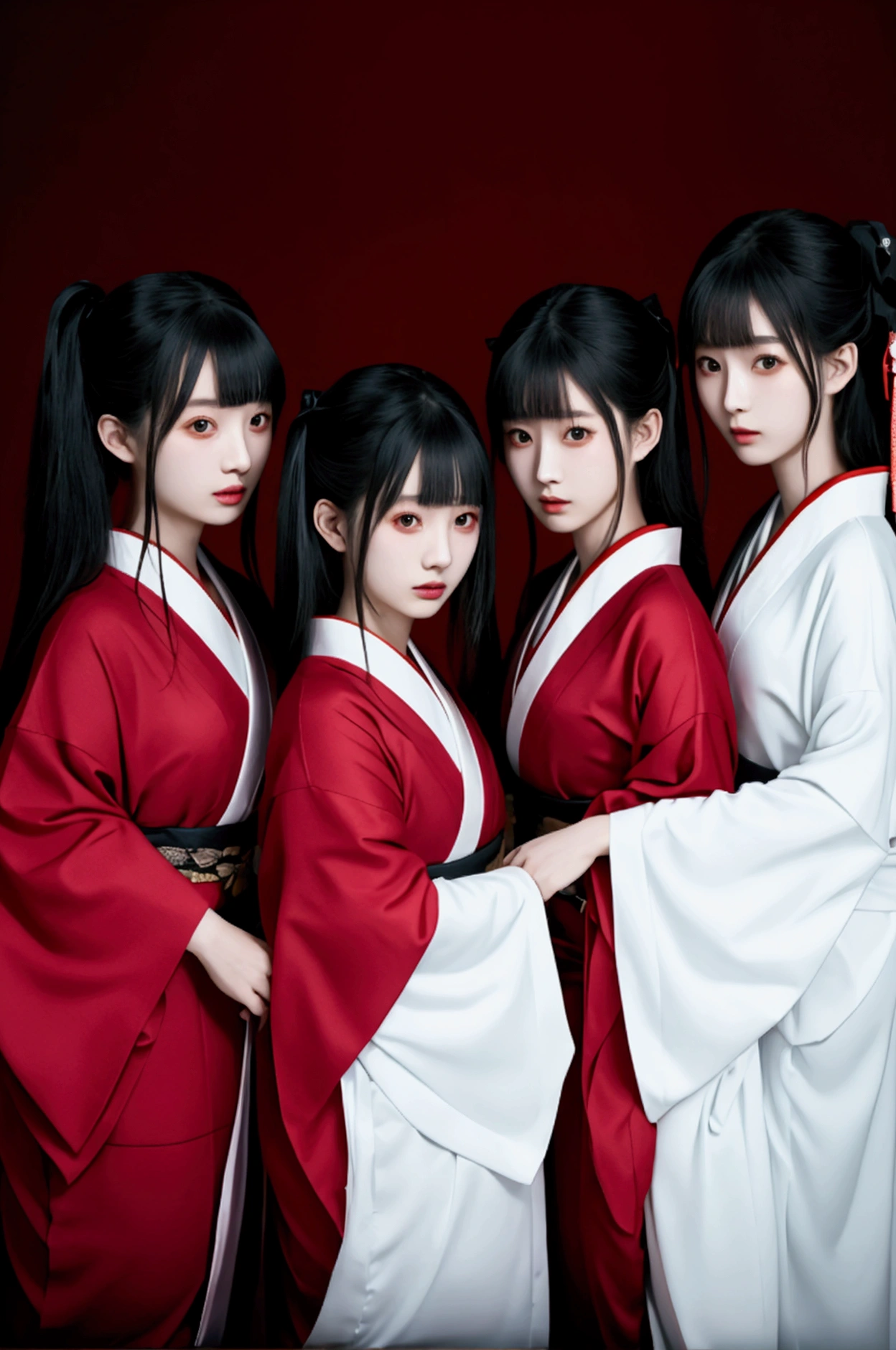 a group of asian 5 girls with white mask without designs, black and red kimono, semi-realistic style, good quality, no nsfw, background a traditional Japanese haunted house, dark aura, dark style, dark, horror 