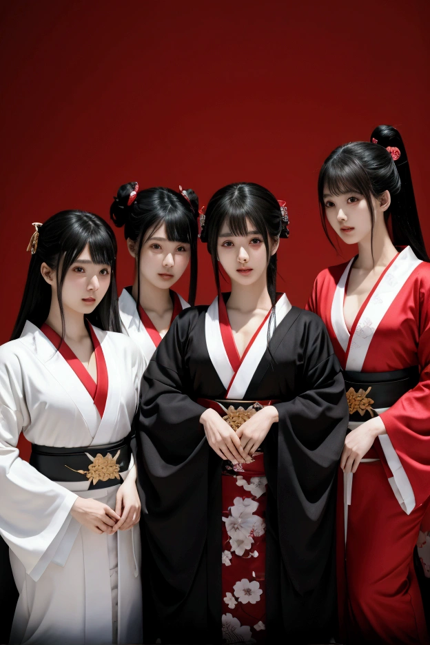 a group of asian 5 girls with white mask without designs, black and red kimono, semi-realistic style, good quality, no nsfw, background a traditional Japanese haunted house, dark aura, dark style, dark, horror