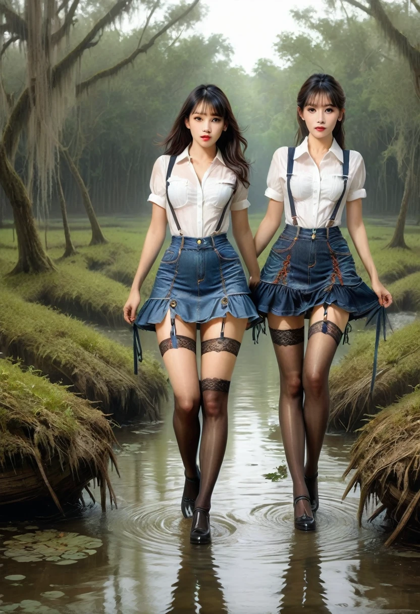 (Best Quality, Ultra-detailed, Realistic:1.37), 2 Mature Women, jeans skirt, (lace stockings with garters), navigating thru the swamp, (Merged in grim ecstasy),