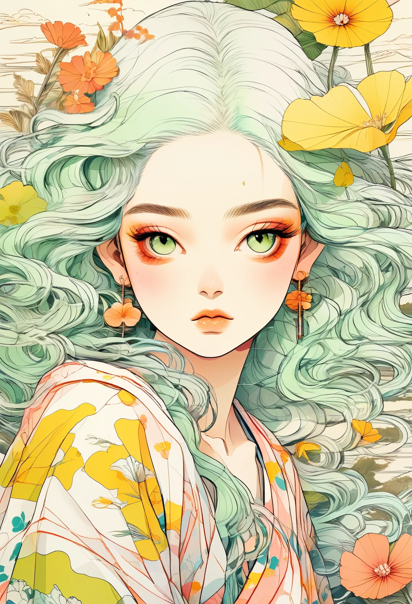 A mesmerizing surreal illustration of a young japanese woman. She has pastel green hair with blunt bangs, yellow eyes, and wears a vibrant pastel colored outfit adorned with intricate floral patterns. Freckles dot her smooth, warm complexion, and bold, colorful tattoos cover her arms and legs. The tattoos feature traditional Japanese motifs like flowers and mythical creatures, rendered with meticulous detail in a pastel color palette. The background is a vintage floral-patterned wallpaper that complements the artwork's colors. The line work is precise, with delicate shading that gives the illustration a 3D quality. The artwork fuses modern illustration techniques with traditional Japanese aesthetics, resulting in a visually striking, portrait,
