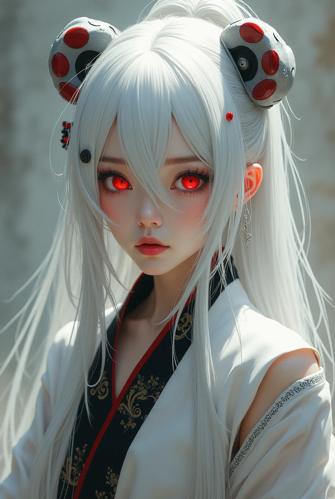 White-haired woman with red eyes with clothes ala-ala china a bit to anime an so Art ny And a bit covered clothes there is a scarf or robe so to wear a robe so that a bit covered Make his face a bit nervous too