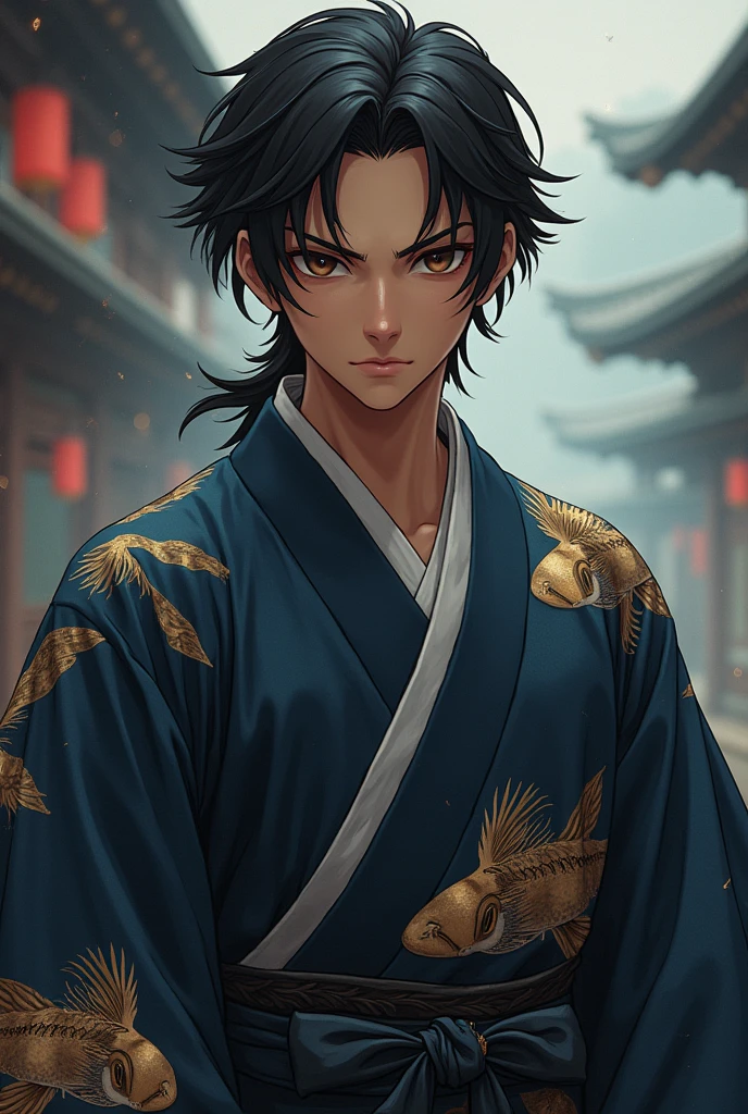 Male character ager with brown skin and slicked back hair, dark brown eyes, wearing a dark blue kimono with a gold fish print, Demon Slayer style