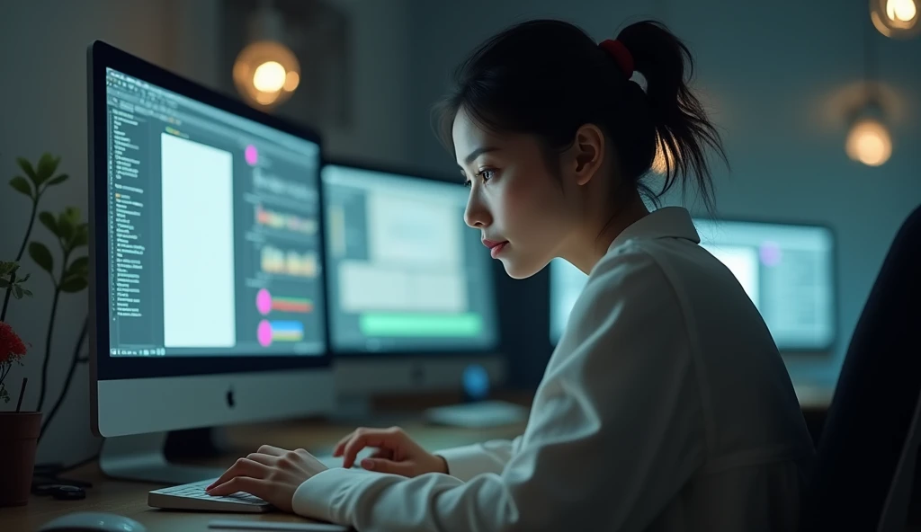 A pretty woman is using a computer and a video、He seems to be lost in thought.