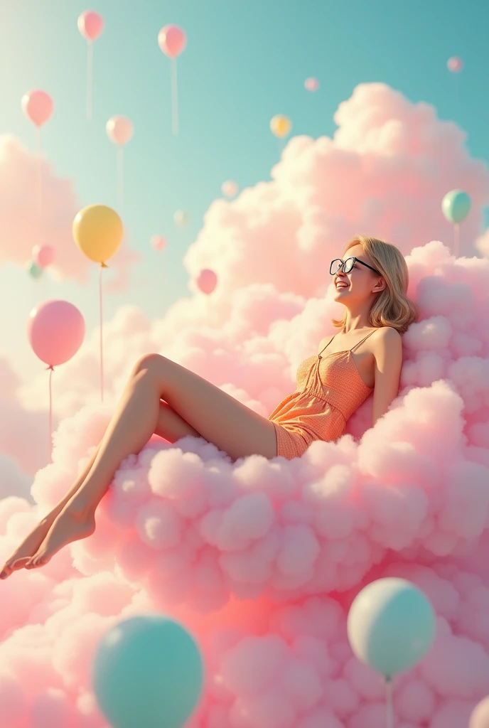 A hyper realistic of a beautiful japanese girl, blond short straight wavy hair, black round glasses, slender body, wearing pastel orange mini sun dress, beautiful sexy legs, lie down free style and rilex on flying fluffy soft pastel pink cloud that has lots of pastel color balloons on it, legs hanging down. Some of balloon shape is heart.
Pastel pink background, she's happy, laughing and enjoying flying with the cloud. Other fluffy soft pastel pink cloud surround it, real photo, ultra hd, ultra realistic