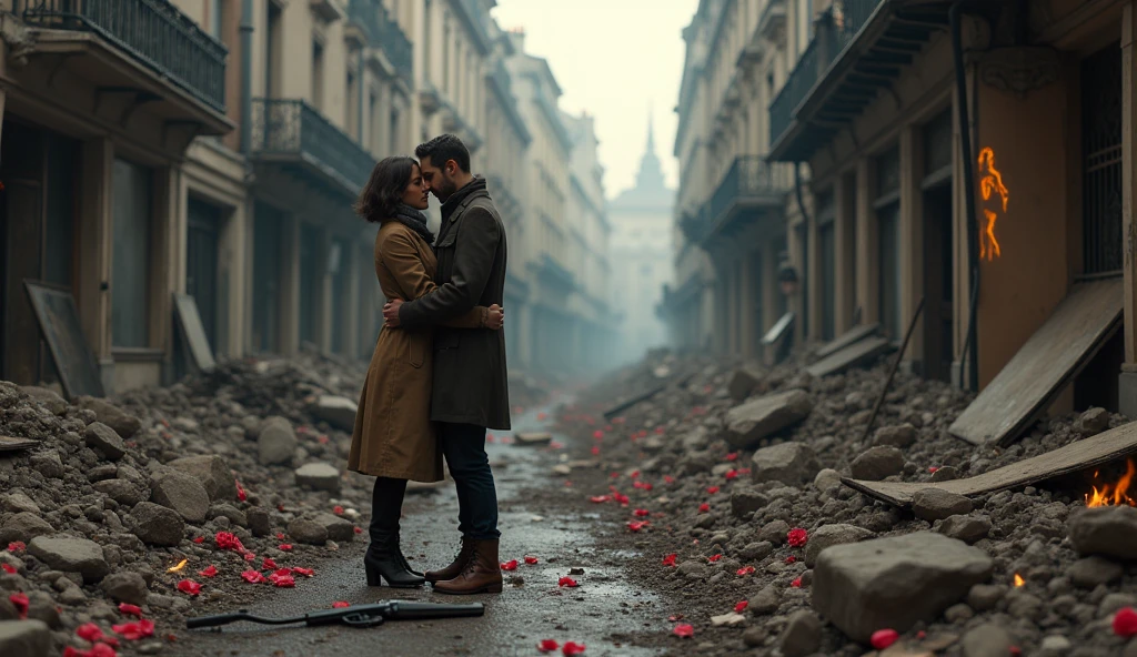 1944; (masterpiece, best quality) destroyed city roses on the floor(Paris); flowers on the ground; 1couple kissing sold looking Down(close-up);firearm on the floor.; fire around.