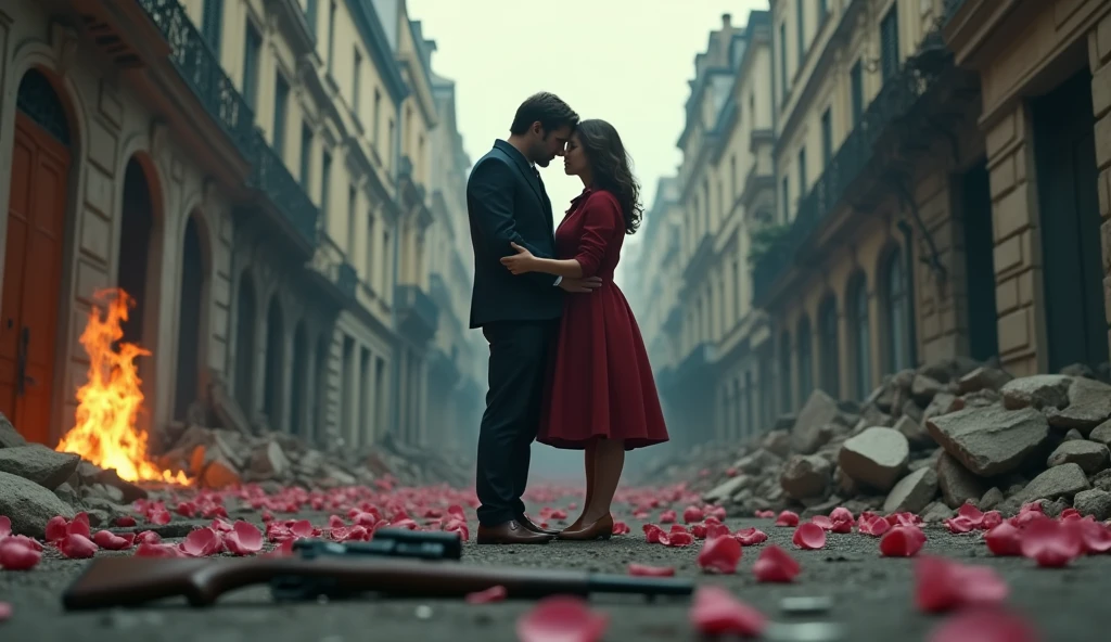 1944; (masterpiece, best quality) destroyed city roses on the floor(Paris); flowers on the ground; 1couple kissing sold looking Down(close-up);firearm on the floor.; fire around.