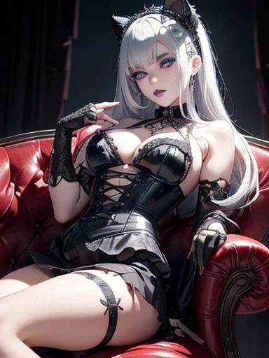  A gothic punk goth girl, perfect face, beautiful Asian woman with long White hair in curls and coils, very cute and           beautiful girl, (highly detailed beautiful face), high detailed fingers, (Blood Red corset) detailed face, curled hair
]cowboy shot, looking at viewer, Standing, white panties. intricate details, cinematic scene, detailed background, solo, dynamic angle,  ((beautiful big blue eyes looking down at the viewer, black shiny lipstick, perfect Asian goth cyber makeup)) double d breast, detailed cute face, white hair, gothic punk fashion, highly detailed gothic fashion, short skirt, heavy make up,),(dark black lipstick), size, Backlight effect, lens flare, depth of fields, blurry background, Detailedface,1 girl, Detailed eyes, ,(thigh up shot image :1.5), Black gloves, laying  on a leather chaise lounge, looking up