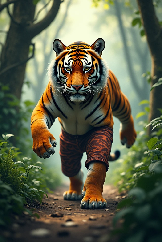 Tiger is roaming in the jungle wearing pants