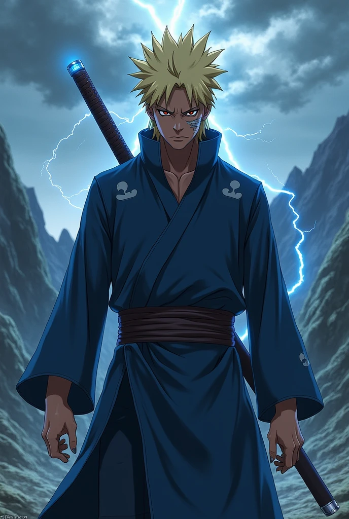 Create a Naruto Shippuden-style version of Raiden A.** He has dark, deep brown skin, reflecting his heritage as the son of the 4th Raikage. His hair is blonde, spiky, and stands up dramatically, similar to his father's hairstyle but with a more wild, electrified look. Some strands of hair fall down around his face, adding to his fierce appearance. His eyes are a piercing dark brown, full of intensity, and he bears a prominent lightning-shaped scar on the left side of his jaw.
Raiden A is dressed in a dark blue shinobi armor with black and gold accents. The armor is sleek, flexible, and adorned with subtle lightning bolt patterns that hint at his affinity for lightning-based chakra. He wears a black forehead protector with the symbol of the Hidden Cloud Village. His pants are dark gray, similar to those worn by the Cloud shinobi, and he wears sturdy, reinforced shinobi sandals.
On his back, Raiden A carries two swords, their hilts designed with lightning motifs. The swords are slightly longer than standard katana, designed for both power and speed. When channeling his chakra, a faint blue glow can be seen along the edges of the blades.
He stands in a mountainous terrain under a sky filled with dark storm clouds, with occasional flashes of lightning illuminating his figure. The air around him crackles with electricity, and his expression is calm yet determined, showing his readiness for battle