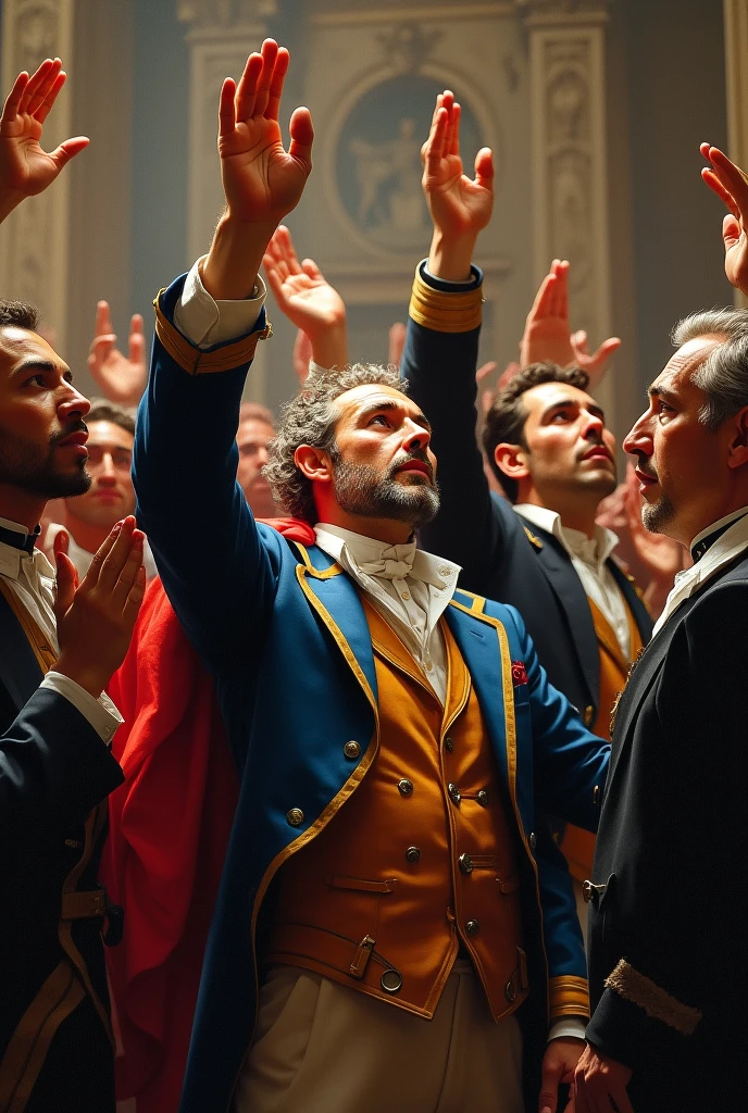 "Image d'une salle avec des hommes levant la main, jurant l'unité, symbolisant le Serment du Jeu de Paume."