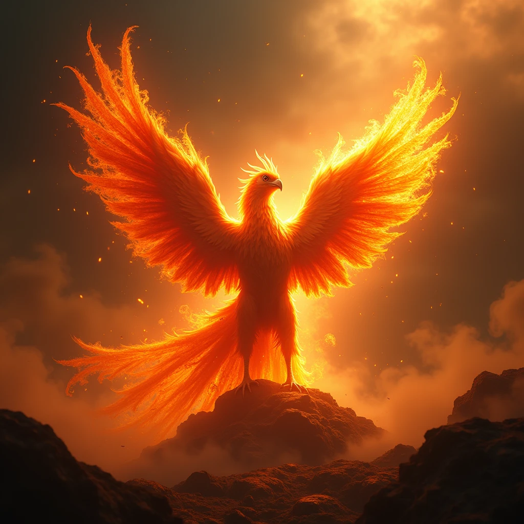 Using artistic techniques to depict the mythological story of the phoenix's rebirth and rebirth, using flame and smoke effects to showcase the spectacular scene of the phoenix being reborn in the fire, symbolizing the indomitable and immortal spirit. Beautiful cinematic lighting, surreal, color graded, dynamic movement, captivating chiaroscuro, full body, award-winning, cinematic still, emotional, vignette, dynamic, vivid, (masterpiece, best quality, photorealistic, Professional, perfect composition, very aesthetic, absurdres, ultra-detailed, intricate details:1.3)