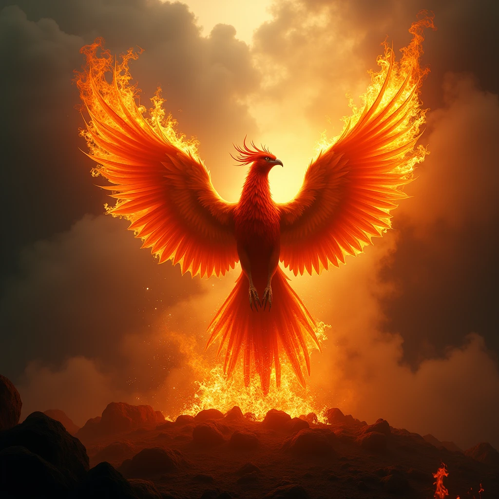 Using artistic techniques to depict the mythological story of the phoenix's rebirth and rebirth, using flame and smoke effects to showcase the spectacular scene of the phoenix being reborn in the fire, symbolizing the indomitable and immortal spirit. Beautiful cinematic lighting, surreal, color graded, dynamic movement, captivating chiaroscuro, full body, award-winning, cinematic still, emotional, vignette, dynamic, vivid, (masterpiece, best quality, photorealistic, Professional, perfect composition, very aesthetic, absurdres, ultra-detailed, intricate details:1.3)