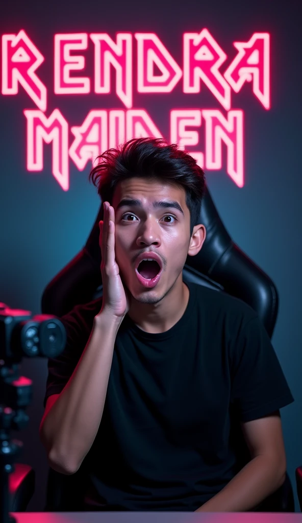 original photo. young man with an Indonesian face. second hand on cheek, expression shocked, mouth open, eyes bulging. looking at the camera. wearing a black Iron Maiden t-shirt. in front of the camera and tripod as if you were live streaming in a professional studio with a gaming chair. The back wall has the name "RENDRA SETIO" written in neon writing. the room looks aesthetic. Ultra-realistic 8K photos, taken with Leica Q2, strong color contrast and sharp clarity --ar --quality 2 --