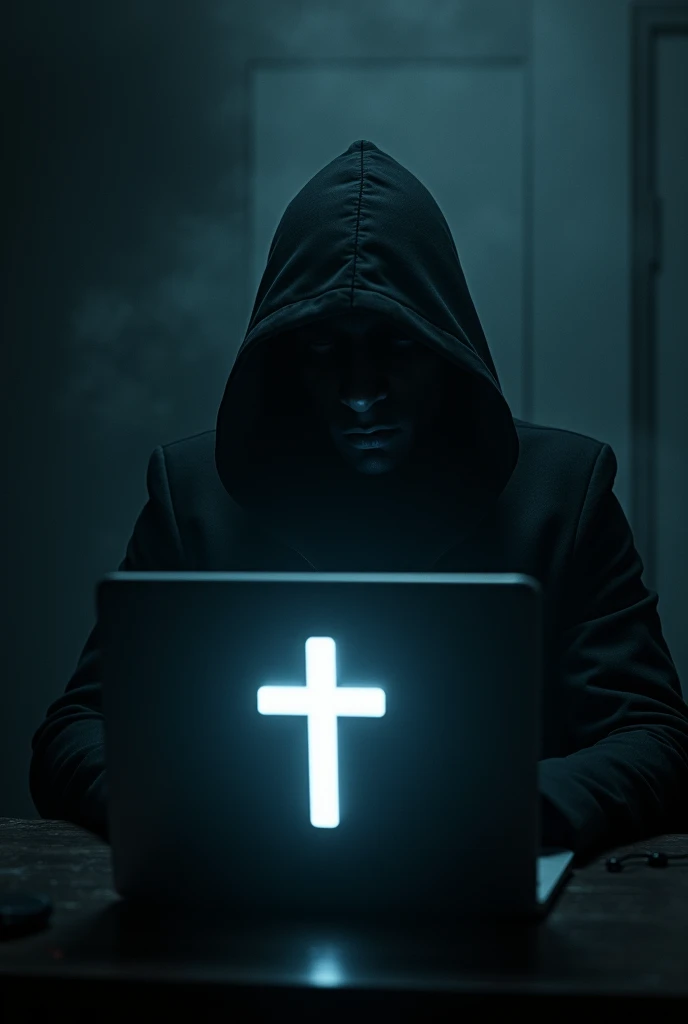 a man in a hood in a dark room in front of a computer on the computer screen there must be a Christian cross