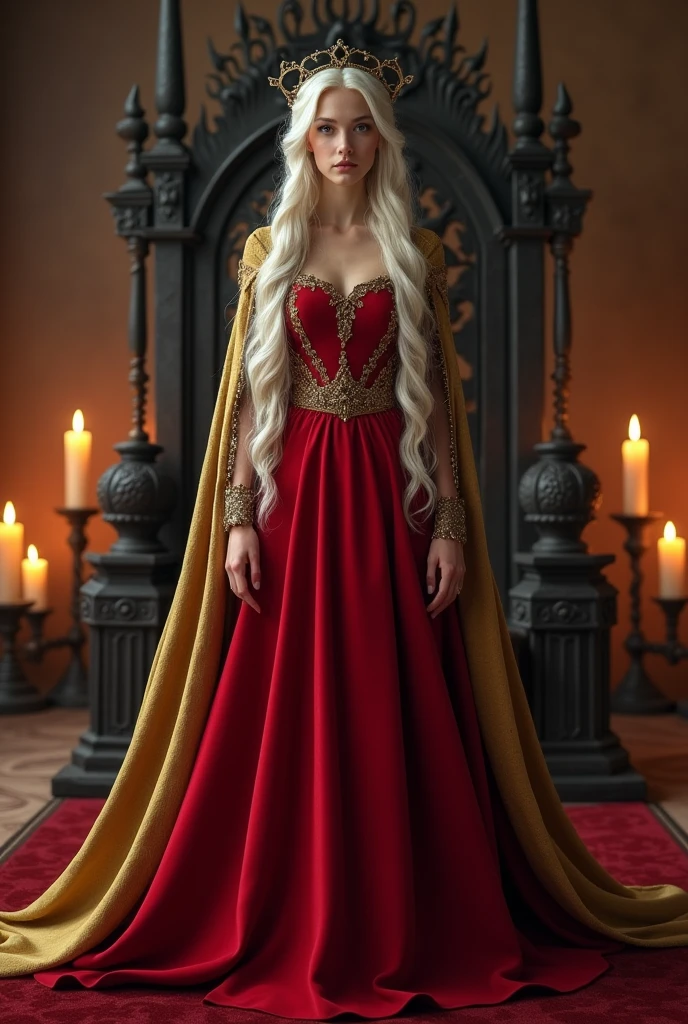 A beautiful Young and beautiful princess with black long hair wearing a royal Red cotton Fabric Princess gown with dark golden cotton cloak, Her platinum blonde hair braided around her head like a ring, A black ring shaped flat large plane tiara on her head, She's standing straight, Iron throne from house of dragons on her background, candles around, Photorealistic