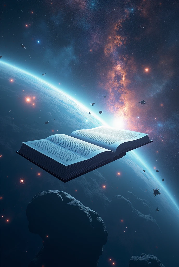 Create an image containing an e-book in the middle of a futuristic universe