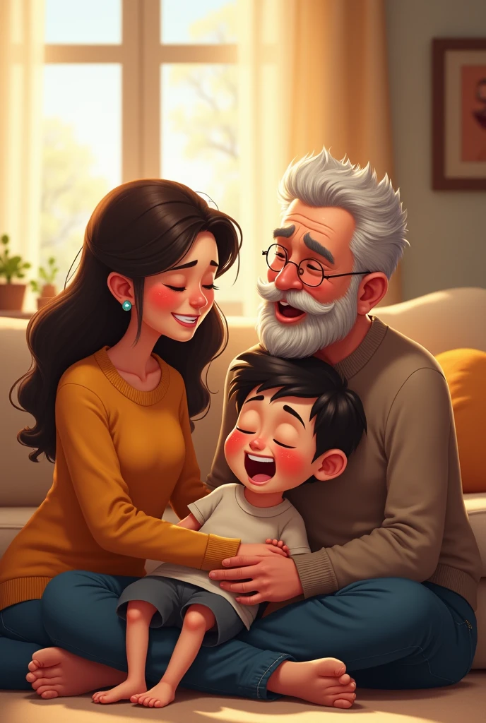 A picture of a family: mother, dad, son, is, grandfather. La imagen debe tratar de que el son acaba de desmayarse y el resto de la familia lo recoge y están en la sala de la casa. El son debe tener una cara sonriente porque su grandfather lo acaba de despertar con cosquillas. The entire family mentioned should be seen in the image.. 