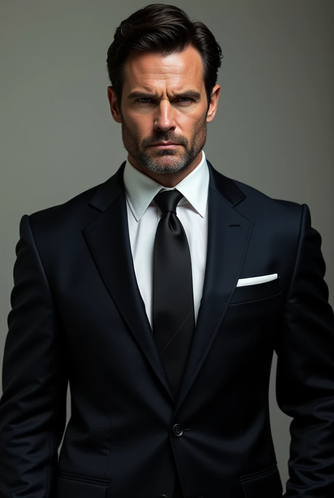 Bruce Wayne (45 years, high, athletically built man with a strong physique. He has short brown hair, often depicted as black or dark brown. Bruce's face usually has expressive features with a strong jaw and a sharp chin, which gives him a masculine and serious look, Charisma, expensive suits and looks very well-groomed)