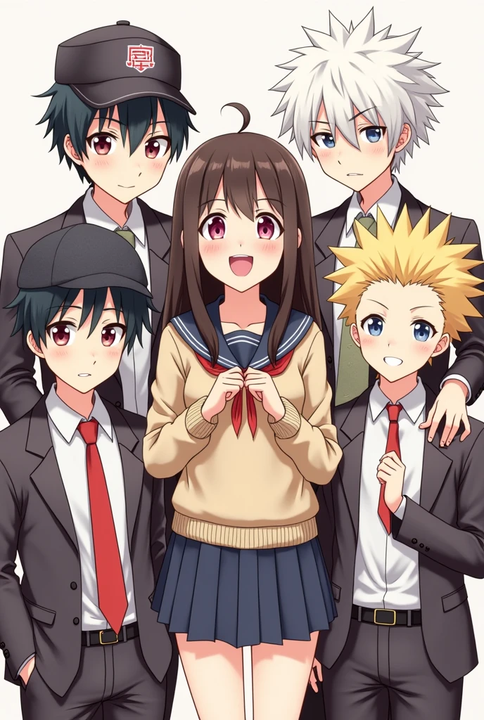 5 anime boy and one girl with a friendly distance in a group pic with Japanese school uniform all boy have difference among them I need one girl first boy on left side he have a cap on his head and on the left side of the girl he have spiky hair golden and the girl is so cute and the right side of the girl have white hair and white eyes and at last the right side of the picture he have look like oreki all the characters have many differences among them