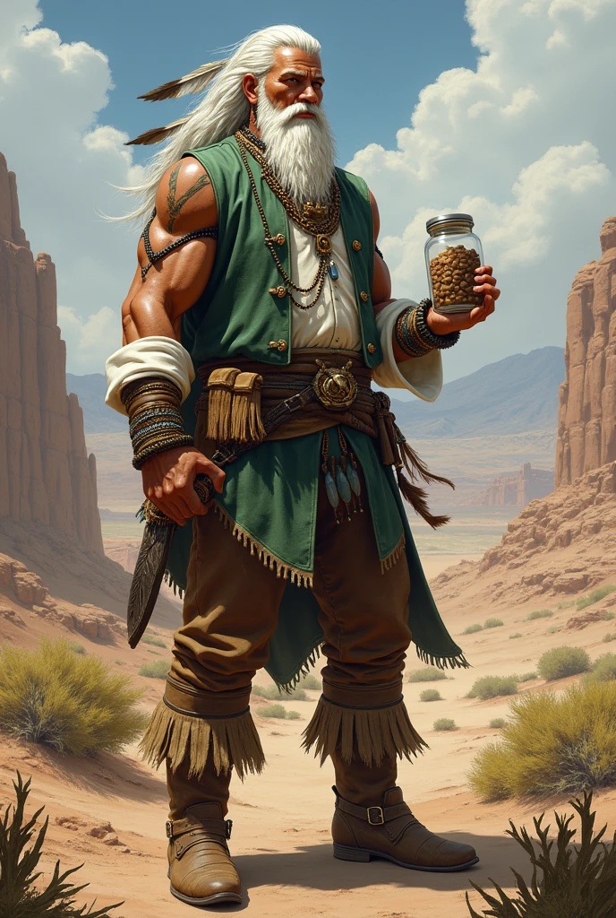 I would like to create an indigenous man with bronze skin, long white hair that goes at his neck, a beard, a strong physique, white eyes, earrings, feathers, and body adornments. He wears a green vest over a dress shirt, brown pants, and boots. He carries a jar of cookies. I would like it to be in a mature style, with the art in a fantasy and RPG style set in the Old West