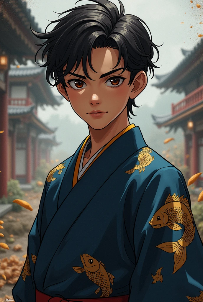 Male character Teenager with brown skin and slicked back hair, dark brown eyes, wearing a dark blue kimono with a gold fish print, Demon Slayer style