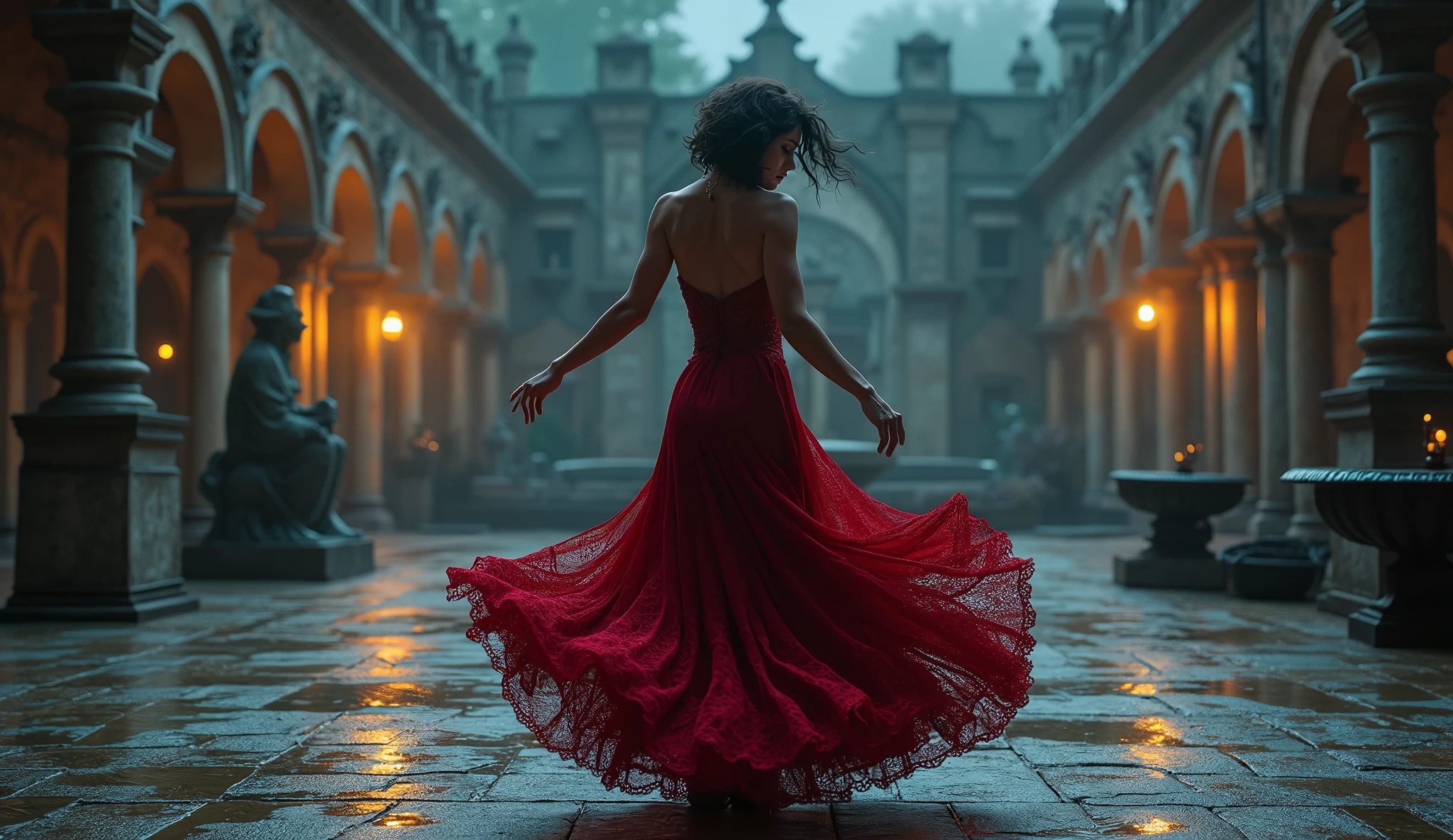 In the courtyard of an ancient castle, a seductive female vampire dances passionately, dressed in a luxurious lace gown. The gown is deep red, accentuating her beautiful skin, with a design that reveals much of her body. The background features ancient stone statues and a fountain, with stars shining in the night sky, highlighting her beauty against the darkness. As she moves, an ethereal glow swirls around her, embodying the dark power of the night. Aim for realistic depiction, make sure photos are at highest resolution (8K)