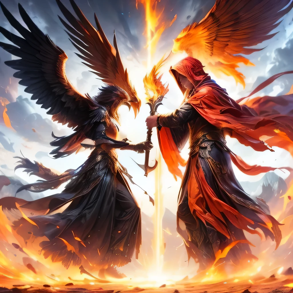 a mythical phoenix battling with grim reaper, dark dramatic fantasy scene, epic cinematic lighting, dramatic poses, intense action, hyper detailed, volumetric lighting, chiaroscuro, deep shadows, glowing embers, flowing phoenix feathers, grim reaper's tattered cloak, intricate textures, cinematic camera angle, dramatic color palette, moody atmosphere, award-winning digital art, unreal engine, 8k, highly detailed, photorealistic