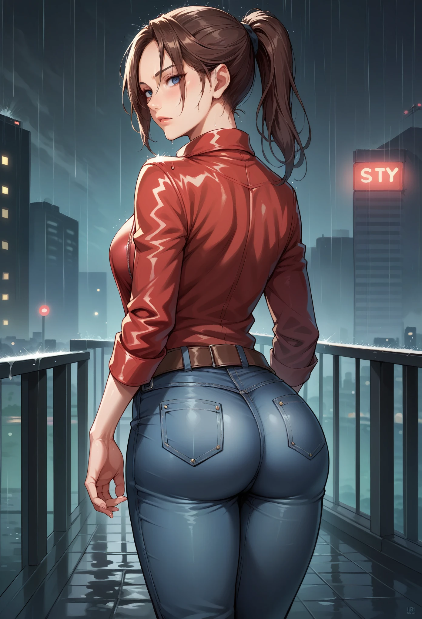 score_9, score_8_up, score_7_up, BREAK, score_9, Claire Redfield, brown hair, ponytail, breasts, belt, red jacket, jeans pants, black shirt, looking at viewer, cowboy shot, ass, from behind, rain, dark sky, city