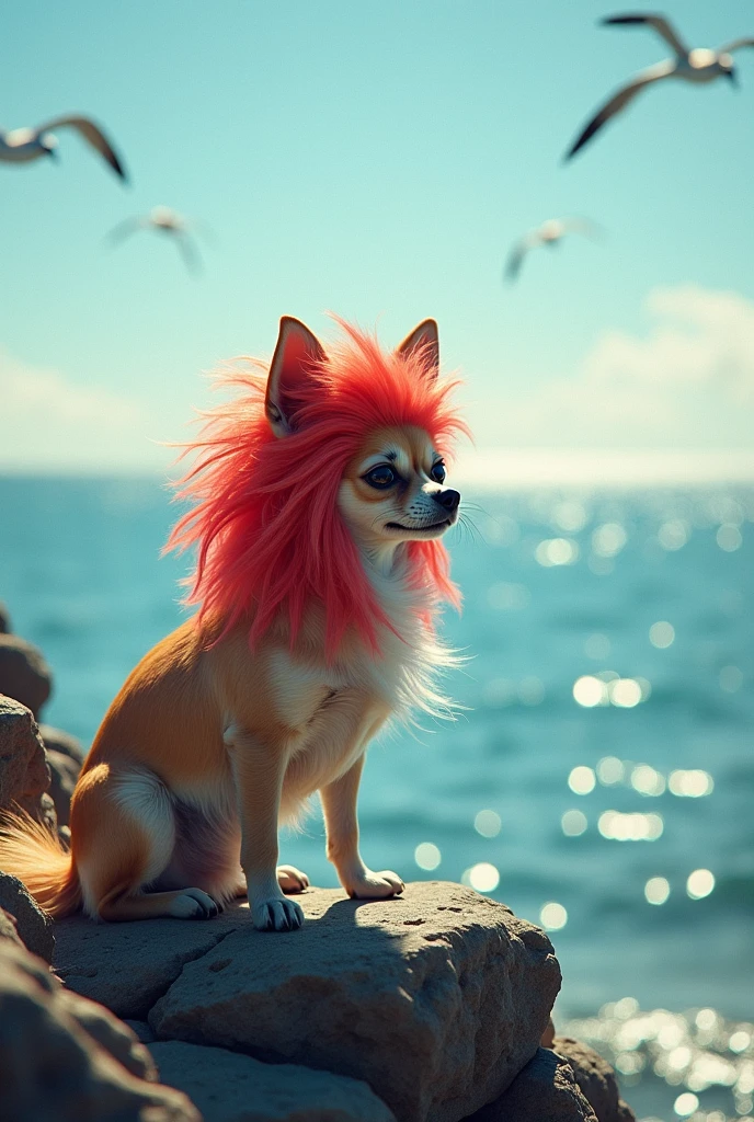 A chihuahua dog with a wig looking out to sea