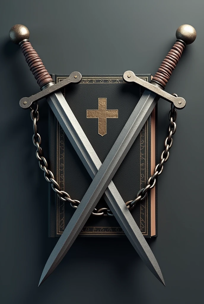 Créé moi un logo 3D hyper realiste et tres moderne en forme bouclier de couleur d'inox traversé par deux épées derrière delivrent des mains enchaîné sur une bible